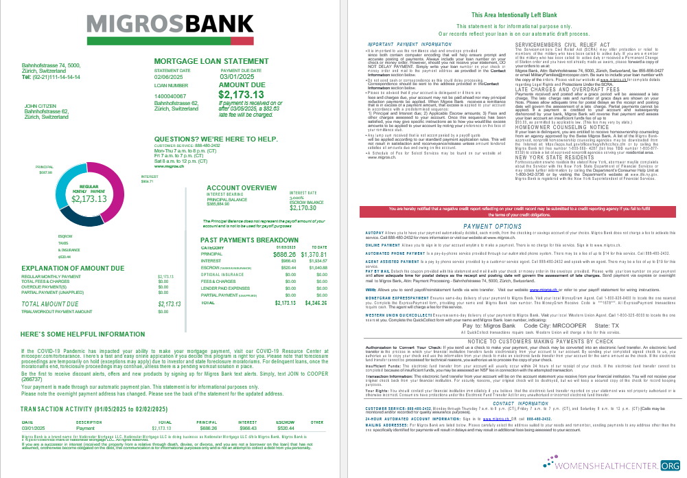 Download Swiss Migrosbank bank mortgage loan statement in Word and PDF formats 1 2 Photoshop template